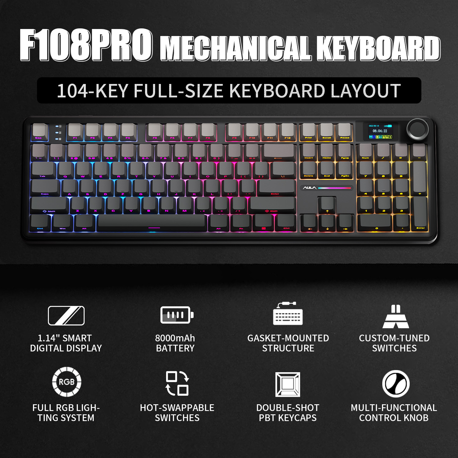 Gaming Keyboard Thocky - AULA F108 PRO Mechanical Keyboard Custom