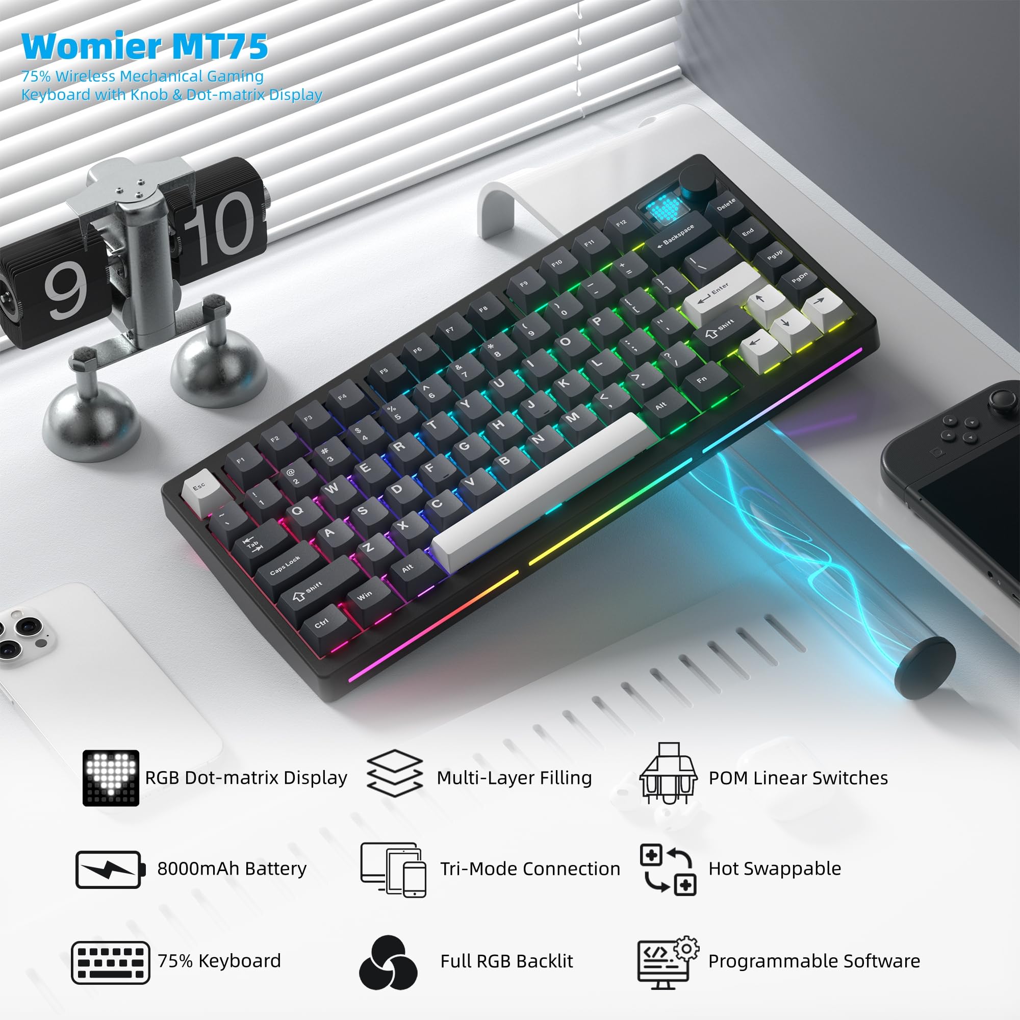 Womier MT75 Wireless Mechanica - Gaming Keyboard Thocky review and price